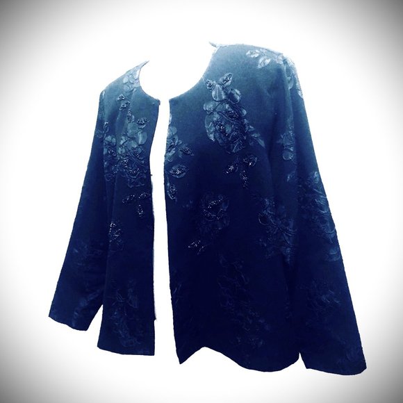 Kathy Cole Vintage Black Brocade Silken Embossed Flowers and Beads Sz 24 (XXL) - Picture 7 of 8